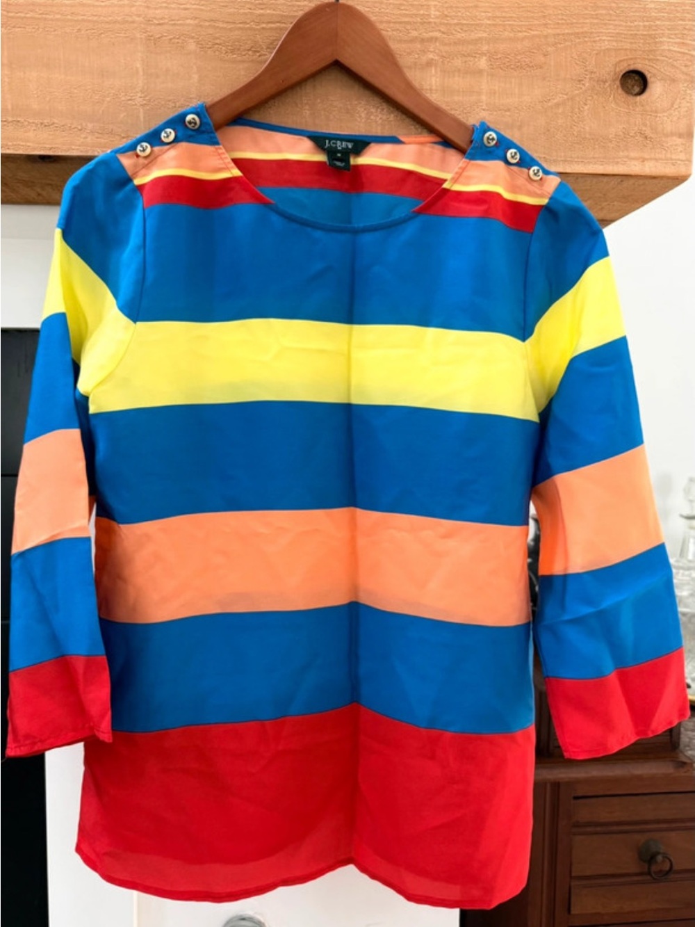 J.Crew Striped Colorblock Boatneck Top Multi-Color Shoulder Buttons Medium